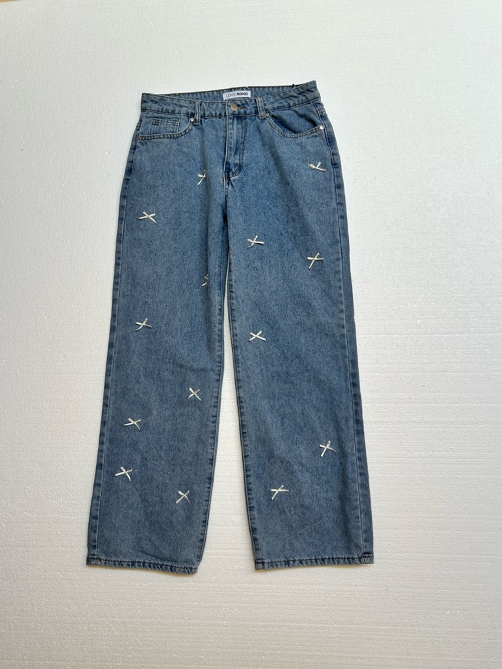 Love Soho Bow Embroidered Jeans Size 9 Wide Leg Blue Denim Coquette Trend